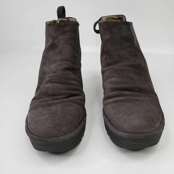 FLY London Suede Ruched Ankle Boots with Tie Detail Gray Women's Size 8 Wedge - Picture 2 of 9